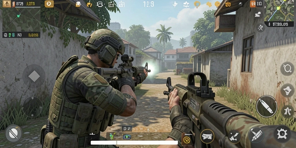 Screenshot menampilkan gameplay intens dari 8728SLOTS dengan aksi menembak yang menegangkan.