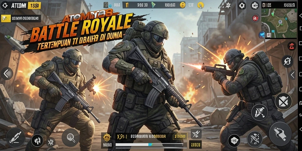 Tangkapan layar ATOM138 yang menunjukkan aksi intens dalam pertempuran Battle Royale.