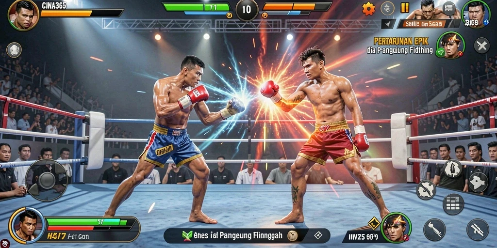 Tampilan gameplay CINA365 dengan karakter bertarung penuh aksi.