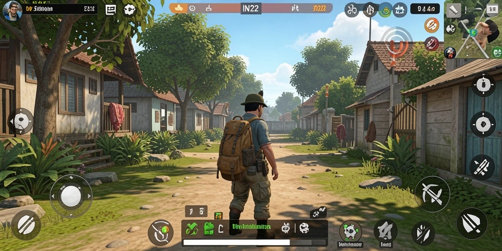 Screenshot gameplay IN22 menampilkan interaksi karakter dan pembangunan rumah.