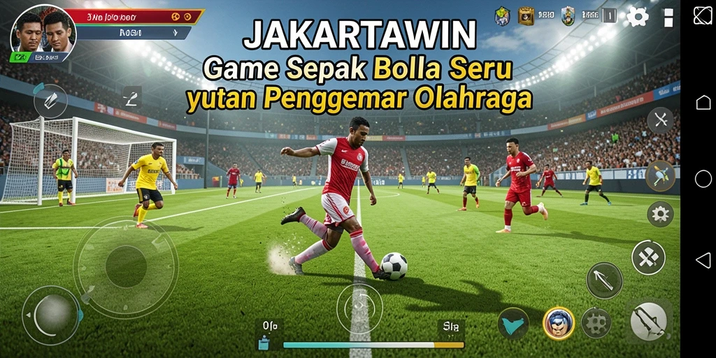Tampilan screenshot utama JAKARTAWIN yang menggambarkan aksi bermain sepak bola.