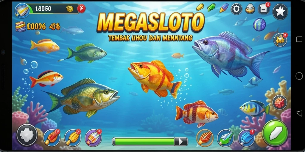 Tangkapan layar dari gameplay seru MEGASLOTO yang menampilkan aksi Tembak Ikan.