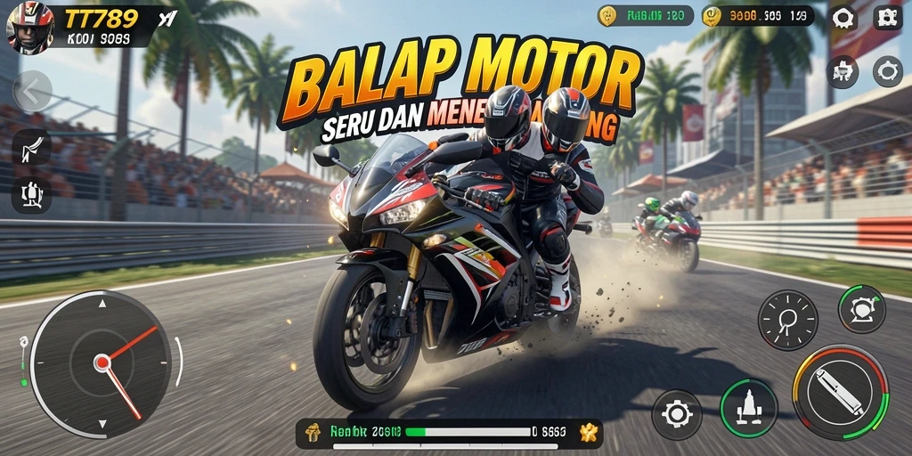 Gameplay balap motor yang mendebarkan dalam TT789 dengan lintasan yang menantang.
